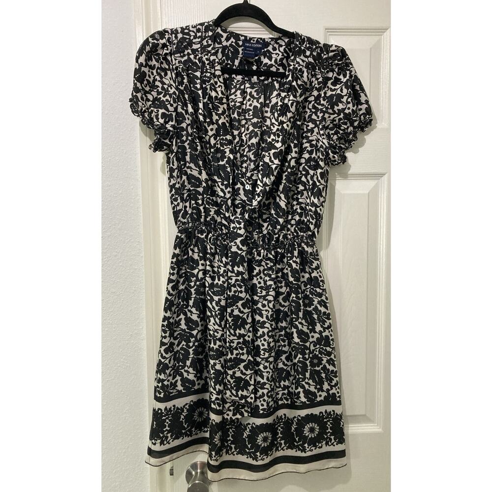 Max Edition Dress Size Large Black Cream Floral Tie Detail Short Sleeve